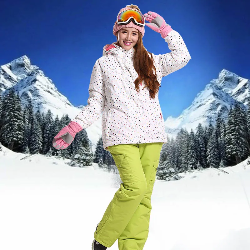 Зимний костюм для сноуборда, новые лыжные костюмы, водонепроницаемые ветрозащитные Утепленные Пальто, комбинезоны, куртка для сноуборда и штаны, спортивный костюм для женщин - Цвет: white J green P