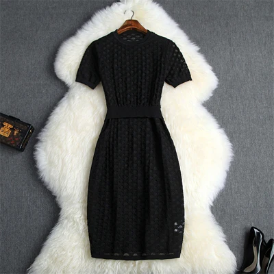 Модное дизайнерское осеннее платье женская одежда элегантные женские с короткими рукавами полый тонкий крой прямой вязаный свитер платье повседневное - Цвет: Черный