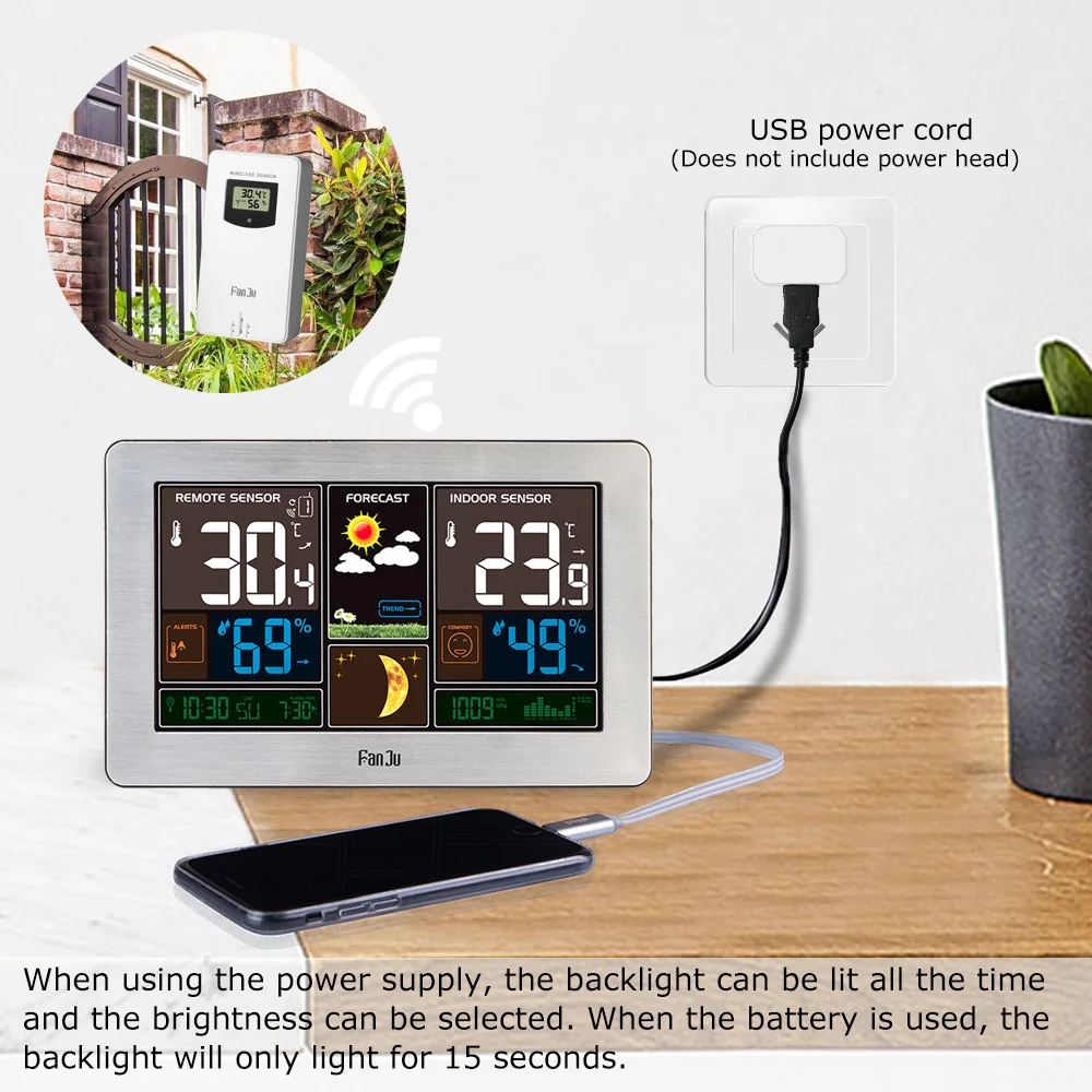 FanJu FJ3378 Wireless Weather Station Wall Digital Clock Barometer Thermometer Hygrometer Sensor Forecast Colorful LCD Display thermometer hygrometer digital thermometer temperature and humidity meter digital wall clock temperature sensor hygrometer thermometer