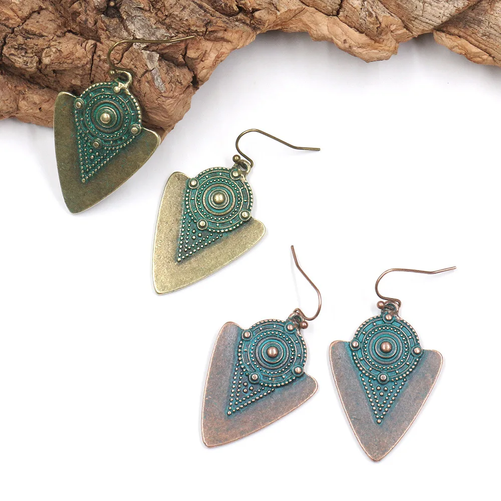 

Women Bohemia Totem Carved Triangle Dangling Earrings Vintage Ethnic V-shaped Pendant Drop Ear Cuff Charm Earrings