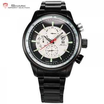 

Gummy Shark Sport Watch White 3D Dashboard Date Day Month Black Steel Band Oversized Big Case Quartz Men's Wrist Watches /SH371