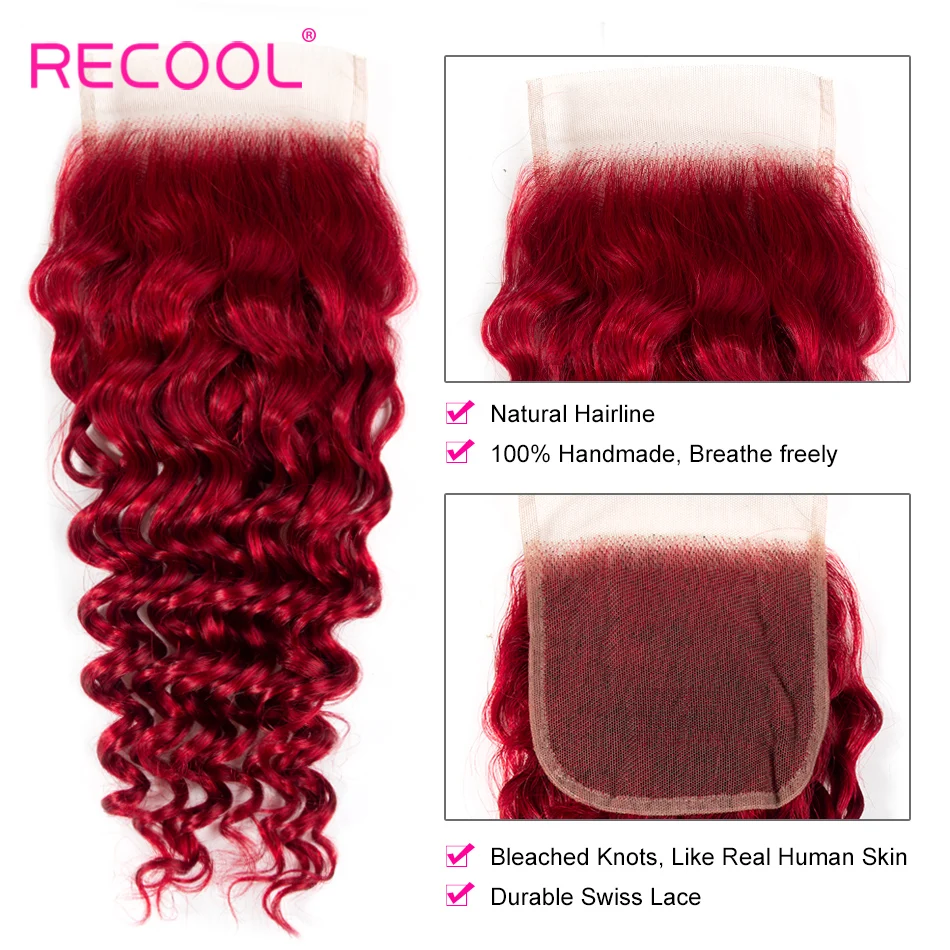 Recool Hair Red Deep Bundles With Closure Brazilian Deep Wave Human Hair Weave Bundles With Closure Remy No Tangle