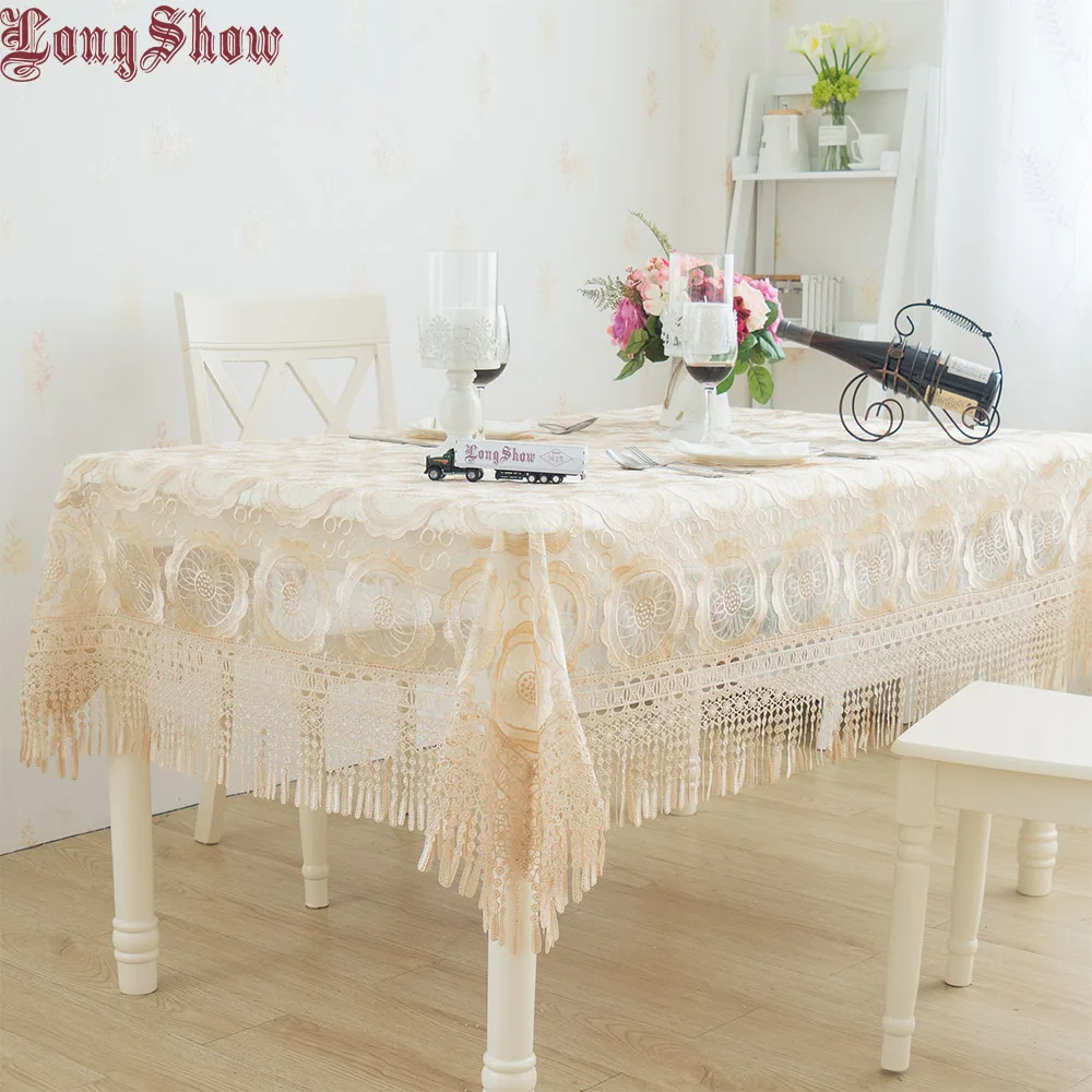 

Creative Design Home Decorative Luxury Gold Color Organza Embroidered MOON Tassel Tablecloth Elegant Dining Table Cover