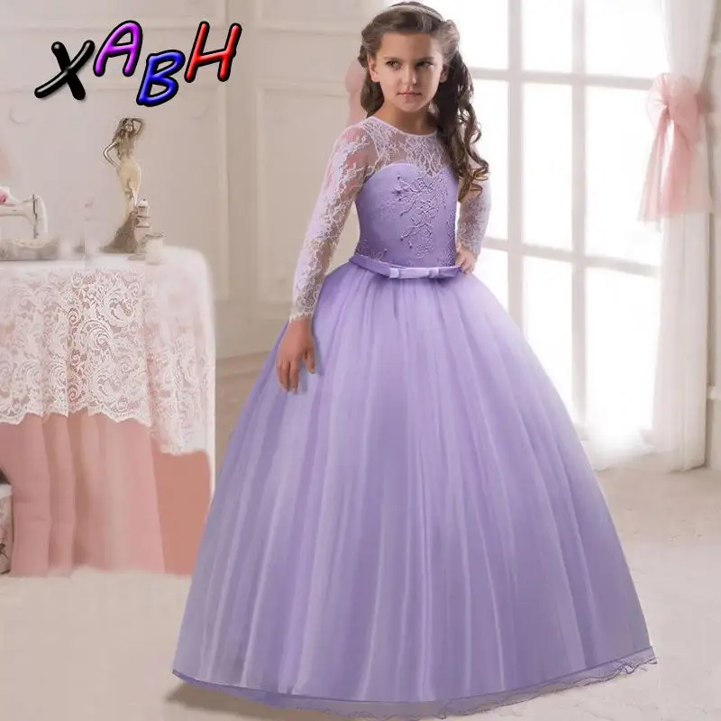 XABH Girls Lace Long Sleeve Gown Dress Children's Flower Girl Wedding Pageant Ball Gowns Kids Fancy Costume | Детская одежда и