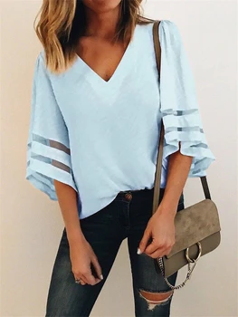 

New Fashion Women Summer Chiffon Shirts Half Sleeve Women Casual Loose Shawl Kimono Chiffon Shirts V Neck Chic Blouse