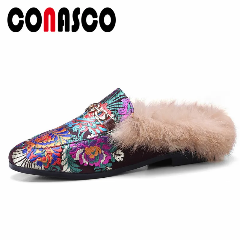 

CONASCO Retro Women Silk Slingbacks Pumps Rabbit Fur Party Wedding Shoes Woman Warm Ladies Comfort Casual Shoes Low Heels Pumps