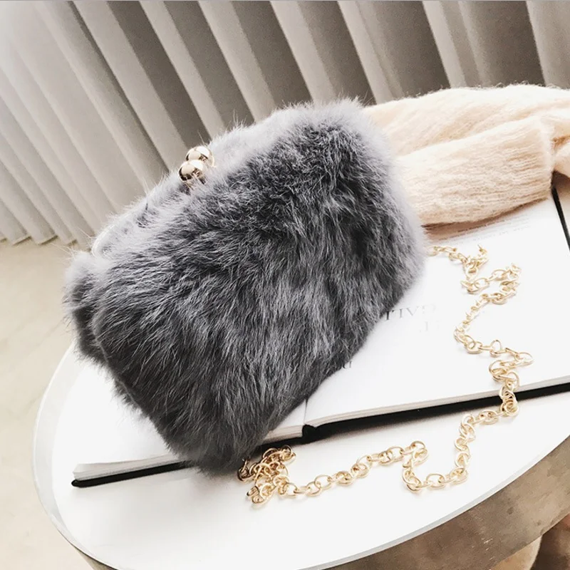 

Winter Design Faux Fur Bag Women Chain Shoulder Bag Messenger Plush Evening Bag Party Fashion Rabbit Hair Dinner Bag Box Clutch