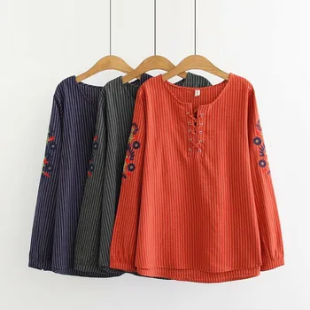 

oversized Plus size Embroidery long sleeve collar cotton women t shirts 2018 Autumn casual lady Striped tshirt loose female top
