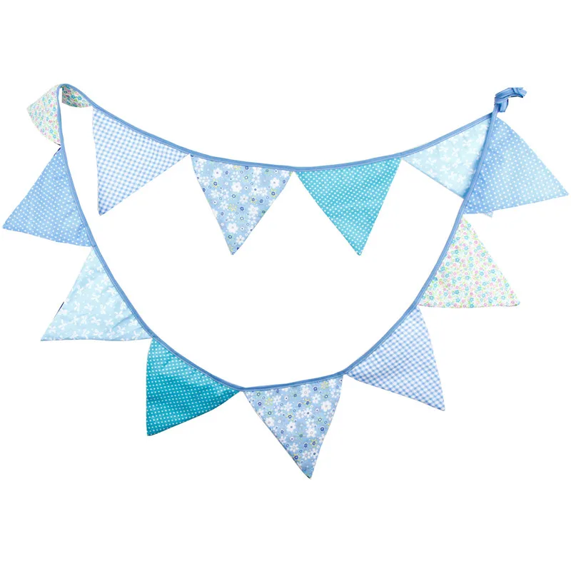 

12 Flags 3.2m Blue Color with Flowers Cotton Fabric Bunting Pennant Flags Banner Garland Baby Shower/Outdoor DIY Home Decoration