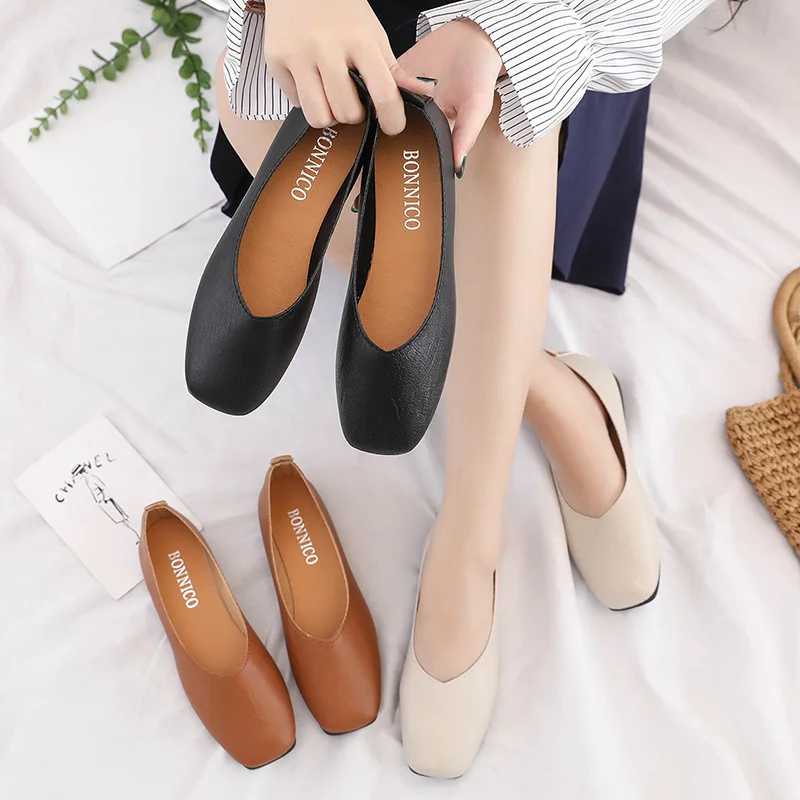 

Spring Autumn Korean Version Square Head Single Shoes Women's Shallow Mouth Flat Feet Lazy Women's Shoes Simple Wild Doug Shoes
