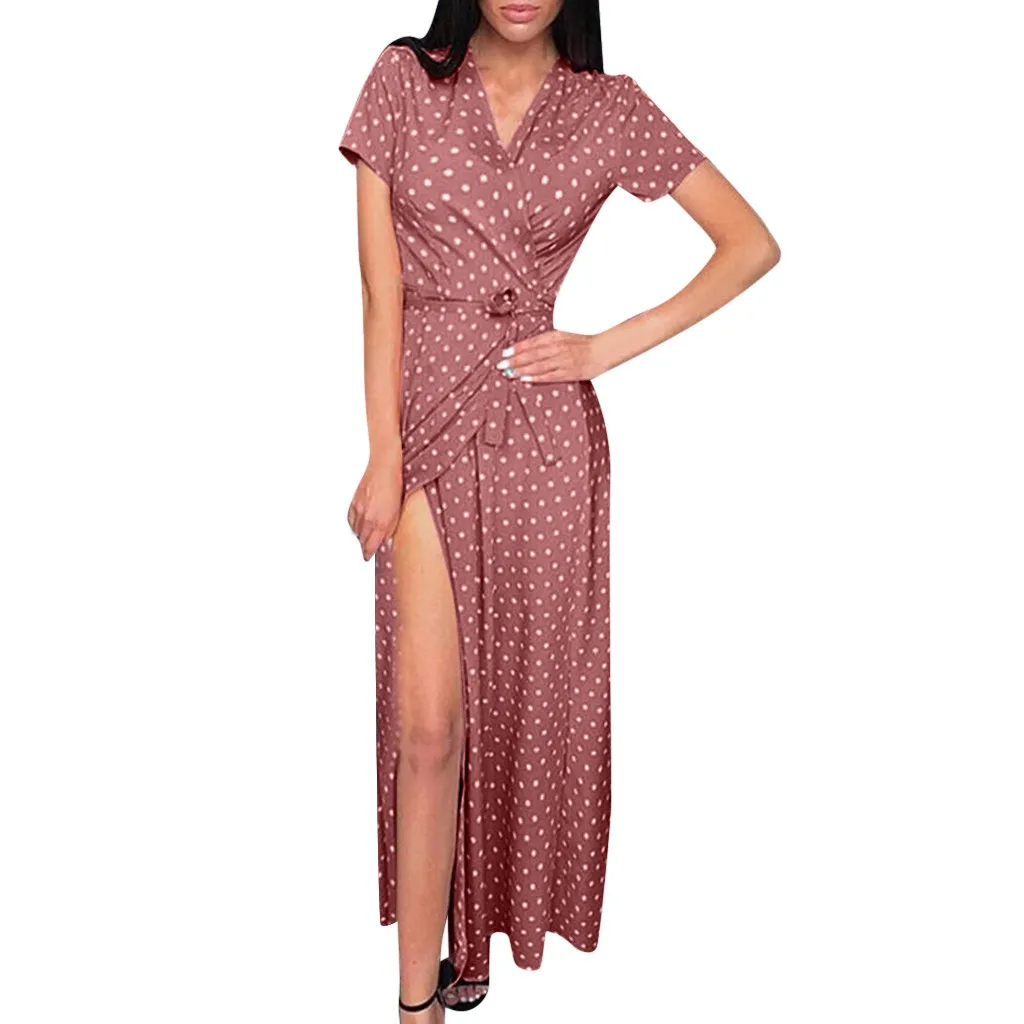 

JAYCOSIN 2019 New Summer Women Dress Casual Holiday Dot Printed Short Sleeve V-Neck Daily Party long Sundress party vestidos 611