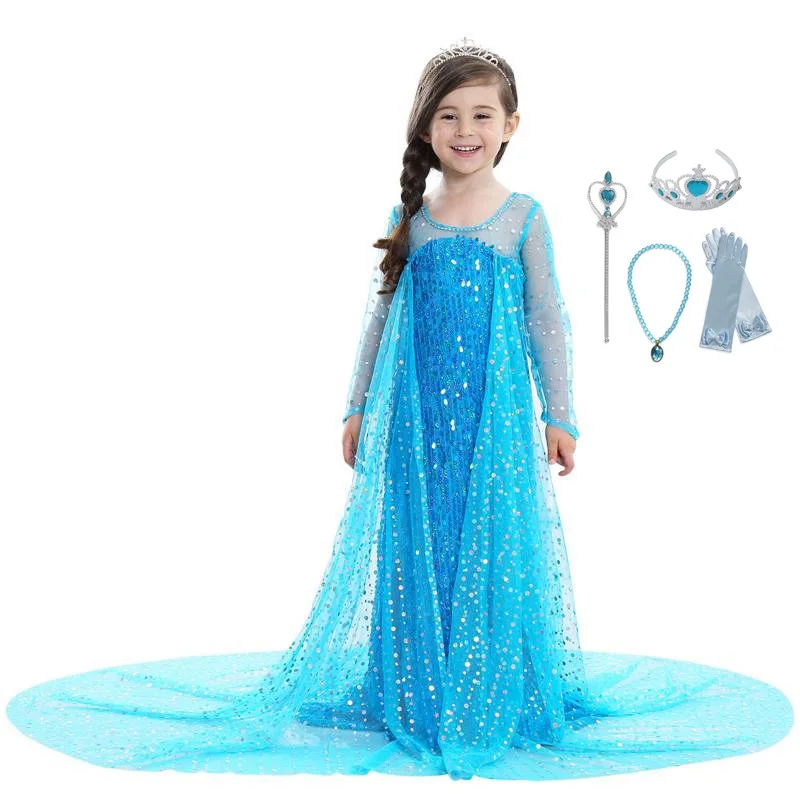 VOGUEON Hot Sale Girls Elsa Party Dress Kids Sequin Deluxe Blue Fancy Princess Costume Kids Pageant Party Gown with Long Train