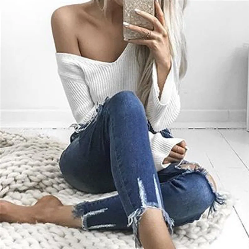HOT sell sweaters fashion 2018 women White V-neck Long Sleeve Knitting Crop Top Knitwear Blouse Sweater Tops invierno A28#N (8)