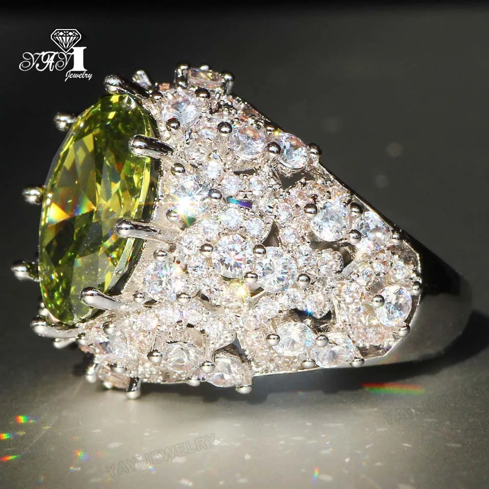 YaYI Jewelry Princess Cut Huge Green Peridot Zircon Silver Color Engagement Wedding Heart Girls Party Rings Gifts