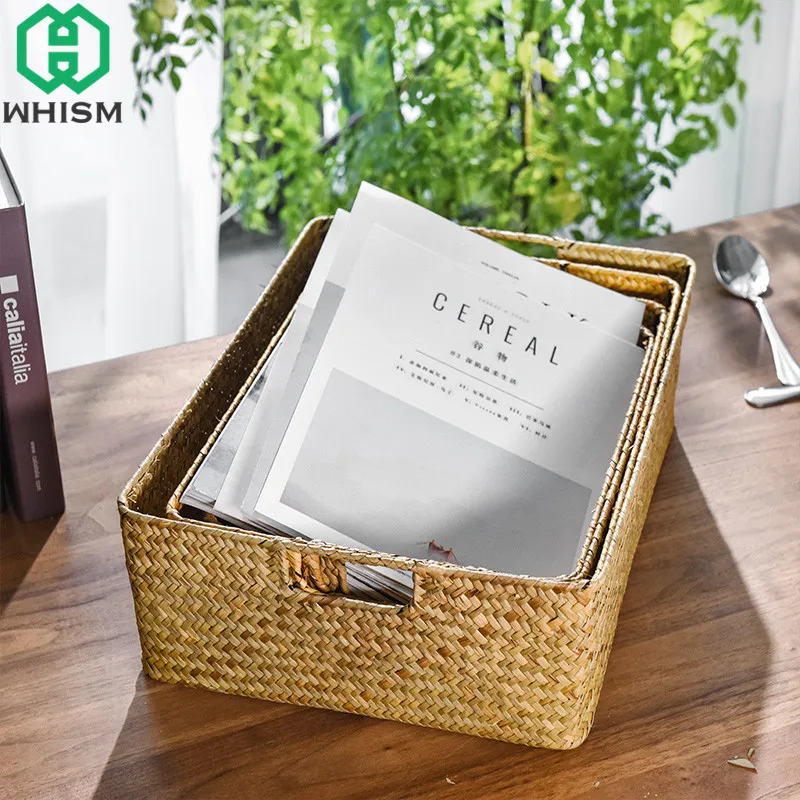 WHISM اليدوية سلة الغسيل صندوق تخزين مكتبي الأعشاب البحرية سلات تخزين الملابس حامل القش لعب الحاويات ماكياج المنظم WHISM اليدوية سلة الغسيل صندوق تخزين مكتبي الأعشاب البحرية سلات تخزين الملابس حامل القش لعب الحاويات ماكياج المنظم