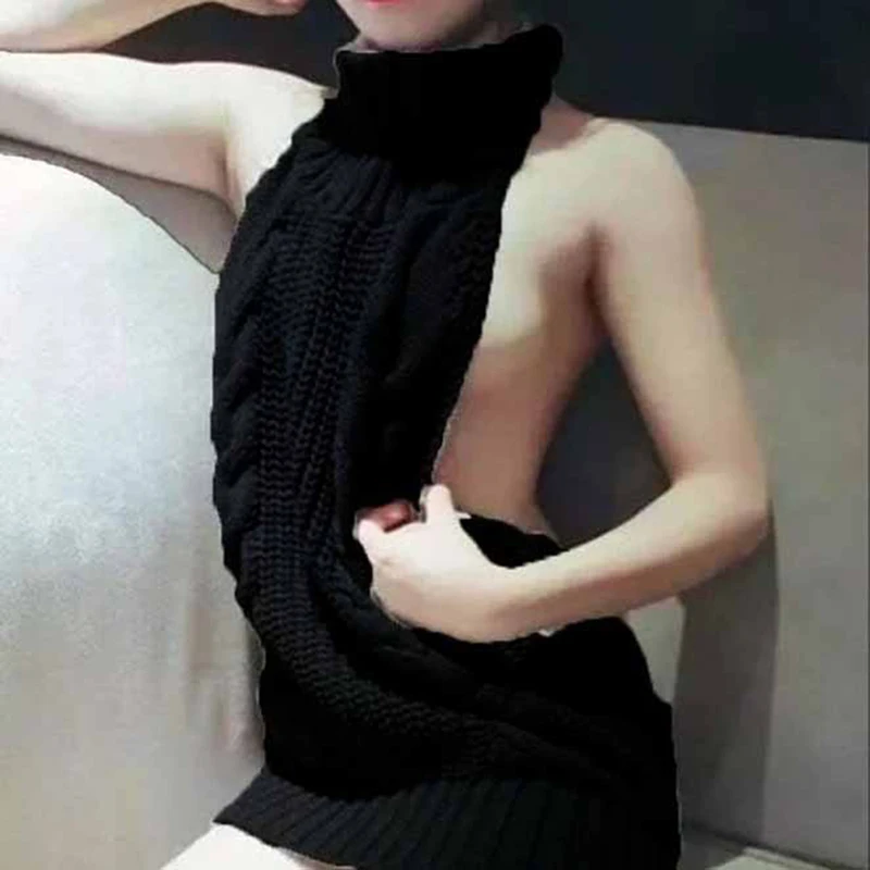 Водолазка без рукавов Длинный девственный убийца свитер японские Трикотажные сексуальные с открытой спиной Женские свитера и пуловеры - Цвет: Черный