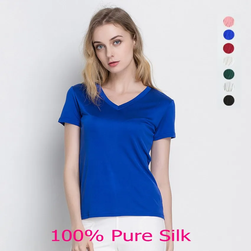 

Women's 100% Silk Short Sleeve V-neck T-Shirts top Slim Type M-2XL HY115