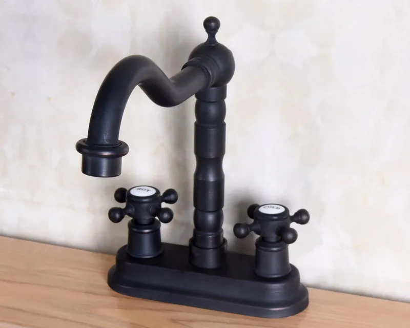 Hot Cold Handles Black Color Oil Rubbed Bronze Swivel Spout Kitchen Bar Sink Bathroom Two Holes Basin Faucet Mixer Tap anf150
