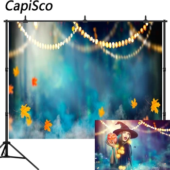 

Capisco Halloween Photography Backdrop Witch Forest Fog Maple Leaf Magic Bokeh Mysterious Horror Night Background Photo Studio
