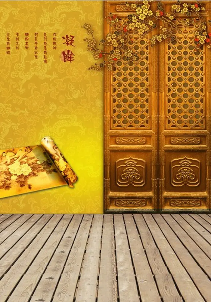 

5x7ft Wooden Floor Chinese Trditional Door Flowers Photography Backdrops Photo Props Studio Background