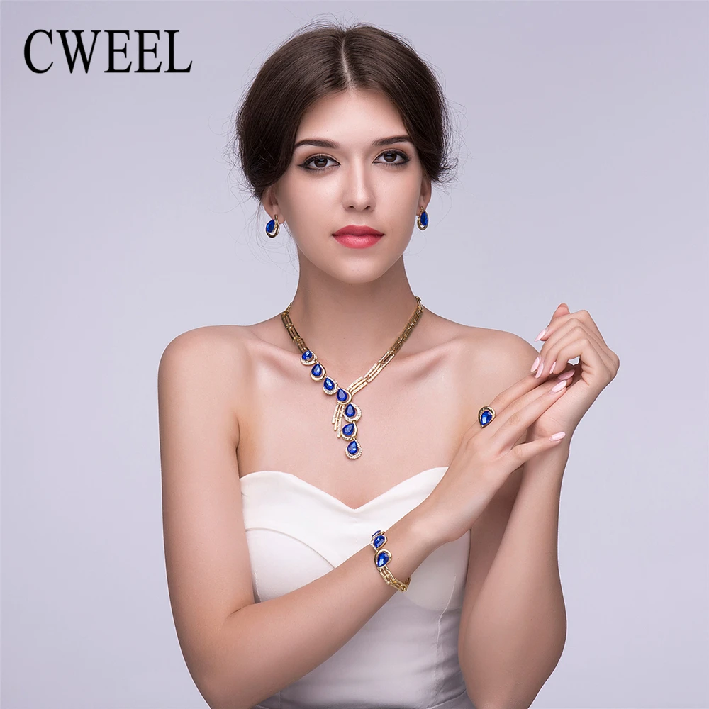 CWEEL New Bridal Jewelry Sets For Women African Beads Imitation Crystal Earrings Necklace Gold Plated Wedding Accessories