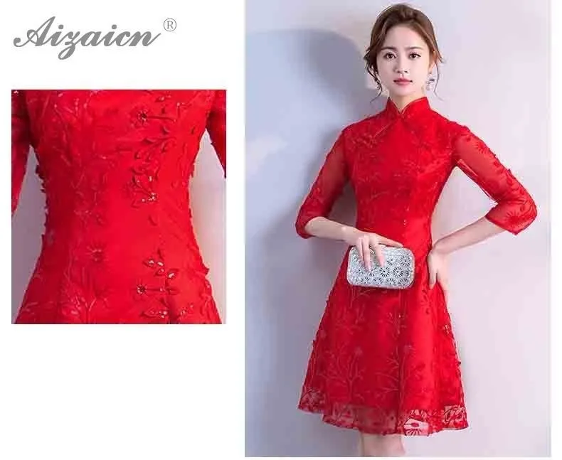 Moda novia corto Cheongsam модерано rojo mujeres boda chino, vestido Qipao estilo Восточное мини vestidos de algodón Qi Pao