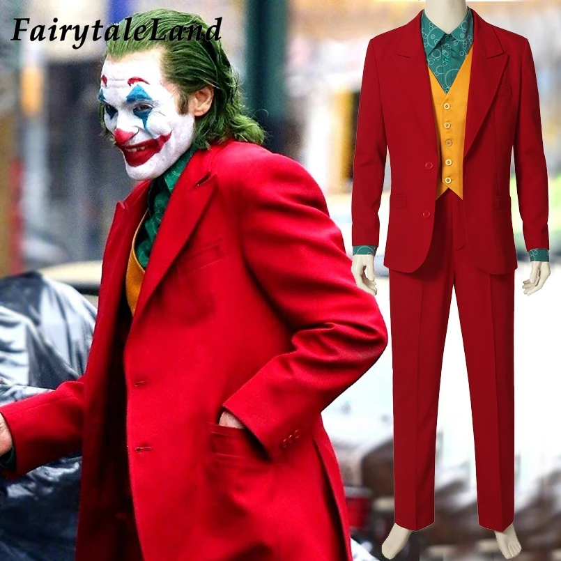 Tanie 2019 film Joker Arthur Fleck przebranie na karnawał fantazyjne karnawałowe kostiumy na Halloween Batman Cosplay kostium jokera czerwony garnitur
