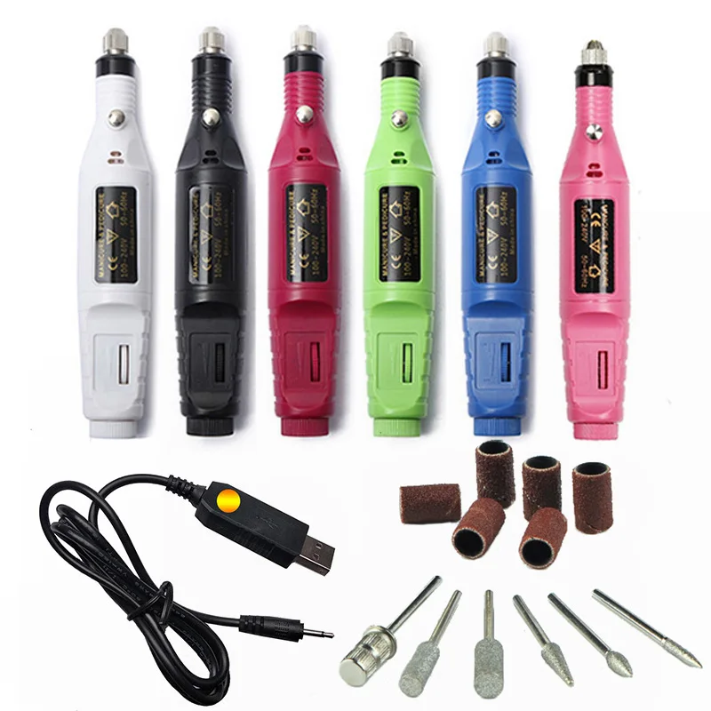 

1set 6bits Electric Manicure Machine Nail Drill Bit Pen Gel Polish File Tool Tips Mill Cutters New Step Up USB Cable Apparatus