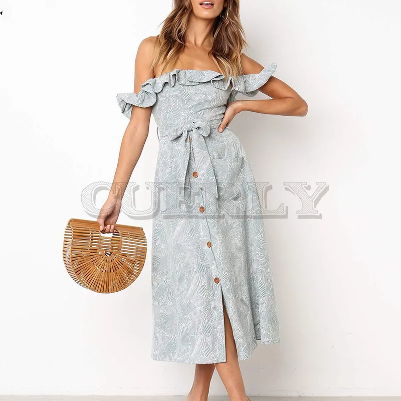 

Cuerly Elegant ruffle print long dress Summer women off shoulder button bow dress Boho beach cute sexy dress female vestidos L5
