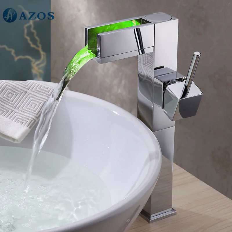 

Bathroom Sink Taps LED Light Chrome Polish Waterfall Spout Deck Mounted Single Handle Hot Cold Water Toilet Furnitures MPPB023B