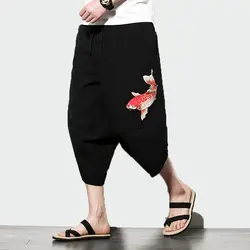 2019 новые осенние мужские пляжные брюки мужские модные повседневные укороченные брюки мужские брюки с вышивкой карпа свободные крутые