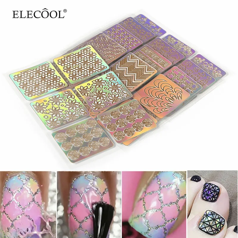 

ELECOOL 6 Sheets Colourful Mixed 3D Design Nail Art Hollow Stickers Stencil Tip Template DIY Manicure Decals Decoration