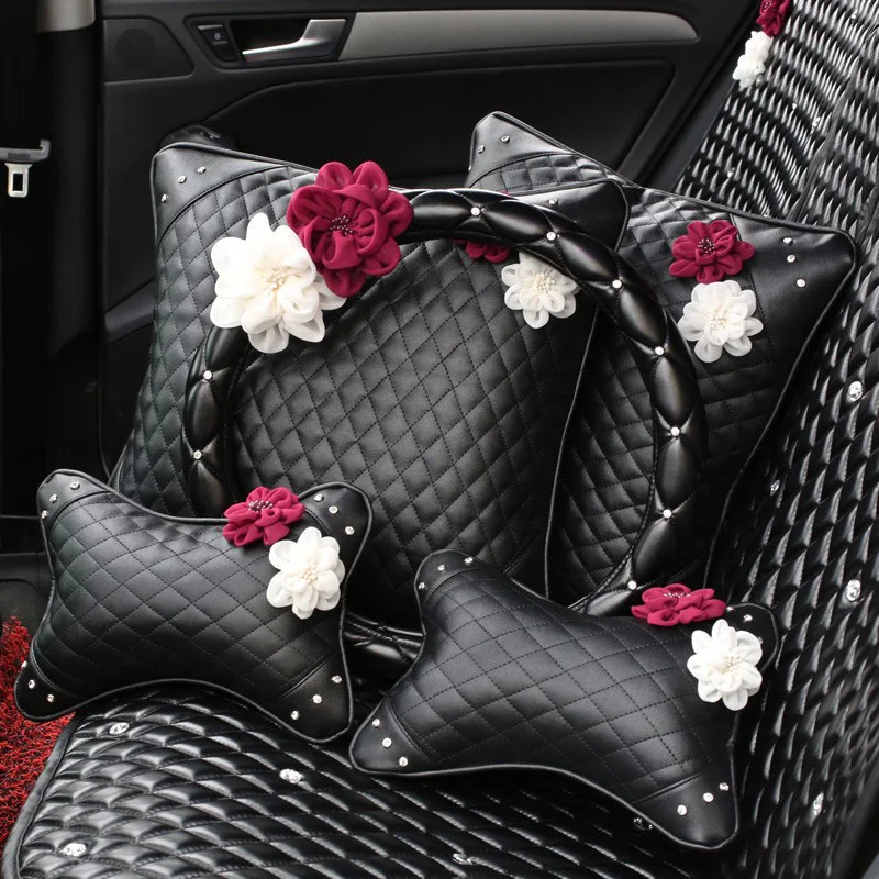 Car-Styling-Flower-Crystal-Leather-Car-Interior-Accessories-Neck-Cushion-Steering-Wheel-Covers-Handbrake-Gears-Seat