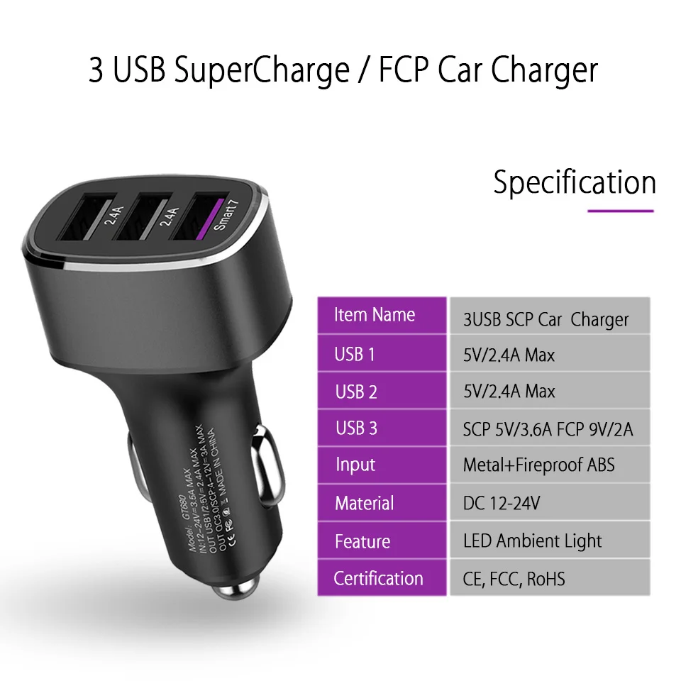 Для huawei Supercharge автомобильное зарядное устройство Металл FCP Быстрая зарядка для huawei P 30 20 10 9 Plus mate 20 10 9 8 Pro Honor V20 V10 кабель