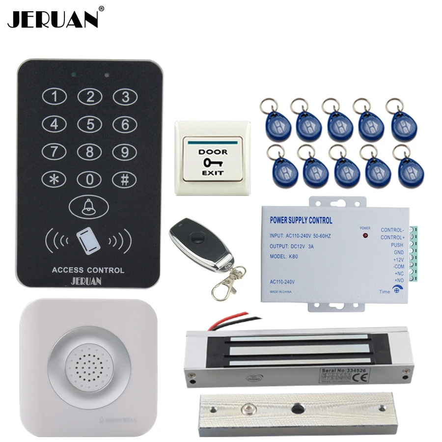 

JERUAN RFID Access Controller Door control system kit +Remote control + Exit Button + 180Kg magnetic lock +Doorbell + Power