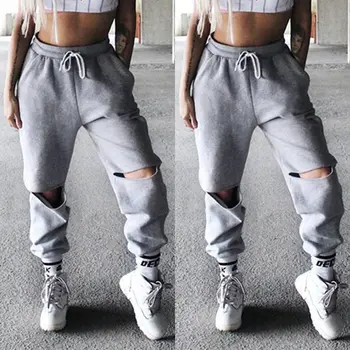 

New Women Casual Solid Gray Cool Fashion Hollow Out Hole Active High Waist Bandage Jogger Dance Sport Pants Trousers Sweatpants