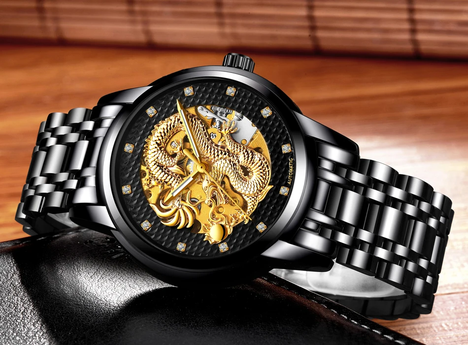 LIGE автоматические механические золотые мужские часы с драконом, мужские часы в китайском стиле, мужские водонепроницаемые часы из нержавеющей стали