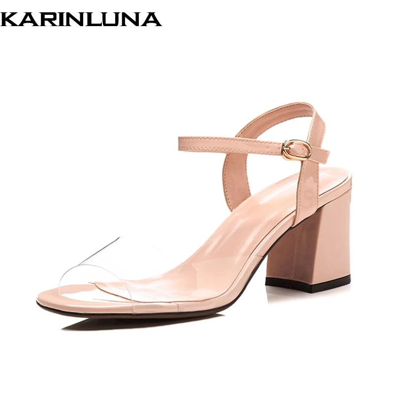 

Karinluna Brand New Cow Leather Patchwork Buckle Strap Women Shoes Hoof High Heel Office Summer Sandals Women