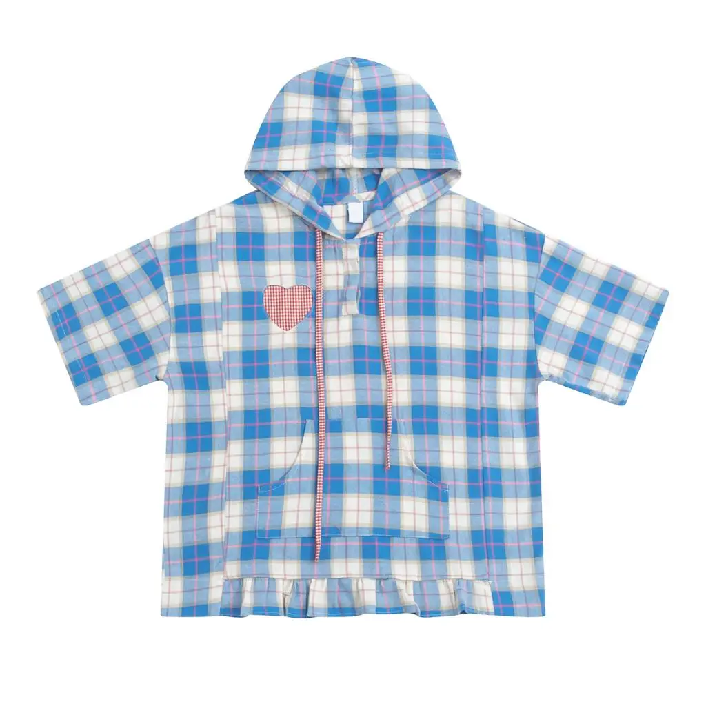 

Summer Casual Korean Preppy Women Hooded Tshirt Plaid Patch Designs Femme Loose T-shirt Ruffles Tees Shirt Tops Short Sleeve