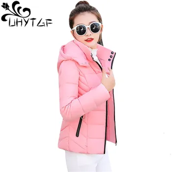 

UHYTGF Fashion Wadded Coat Female jacket Women Winter Hooded Coat Down cotton clothing Long sleeve Coat Winter Jackets Women 89