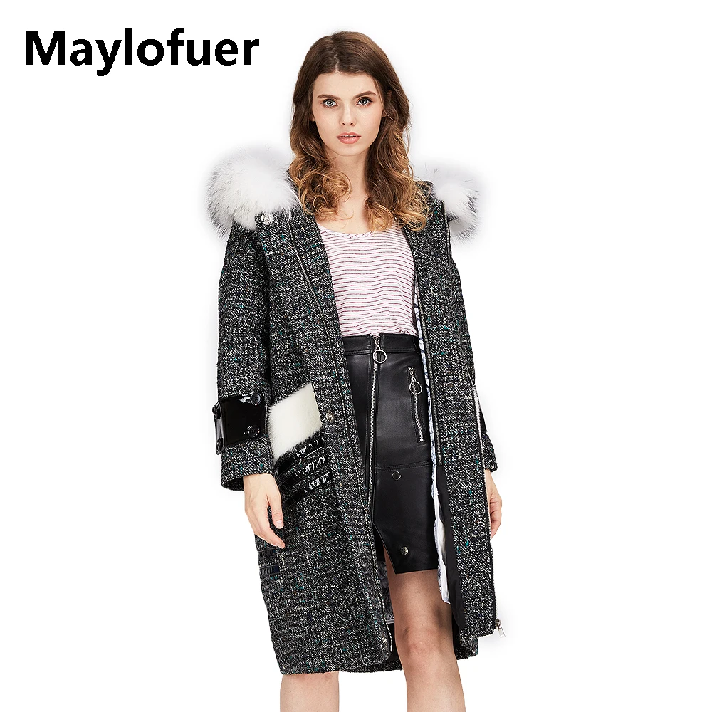 Maylofuer натуральный мех енота воротник парка с капюшоном шерстяная куртка со