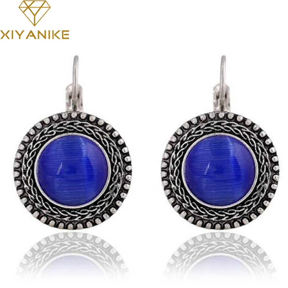 

3 Colors New Women Retro Vintage Big Earrings Stones Tibetan Silver Earrings Round Earrings Jewelry Clip Earring E1111
