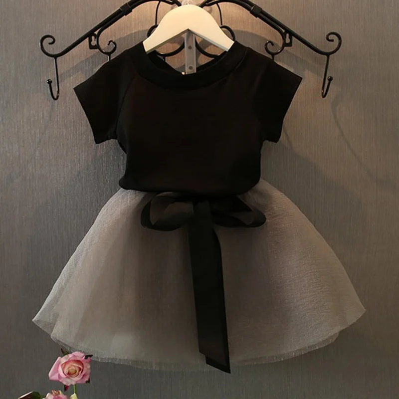 3 Baby Girls Princess Bow Knot Skirt Mesh Set Solid T-shirt + Tutu Mini Skirt Set Short Sleeved Tee Off Shoulder Girl Clothing