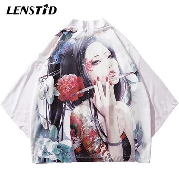 

LENSTID Harajuku Kimono Jacket Japanese Ukiyoe Floral Geisha Tattoo Hip Hop Men Streetwear Summer Thin Gown Japan Style Clothes