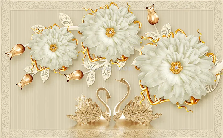 European Style Luxury 3D Flowers Swan Wallpaper