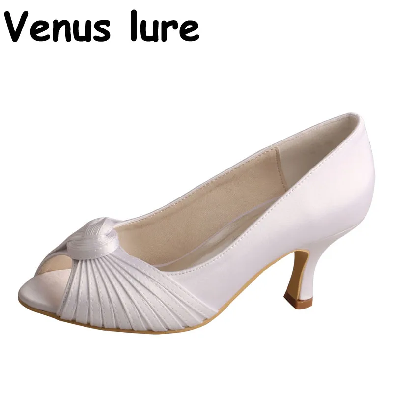 

European Style Womens Pumps Heels White Satin Open Toe Shoes for Wedding