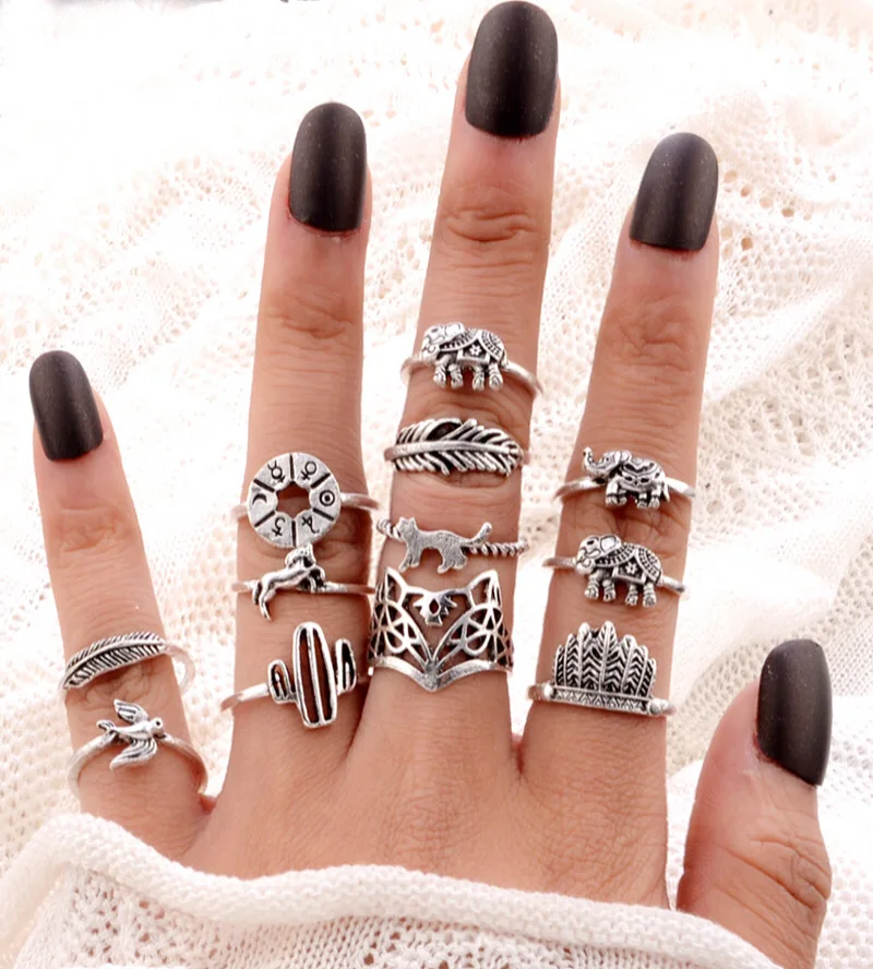 

12pcs/Set Bohemia Ring Antique Silver Arrow Elephant Fox Lion Pony Pattern Carved Ring Sets Animal Rings for Women Jewelry 3103