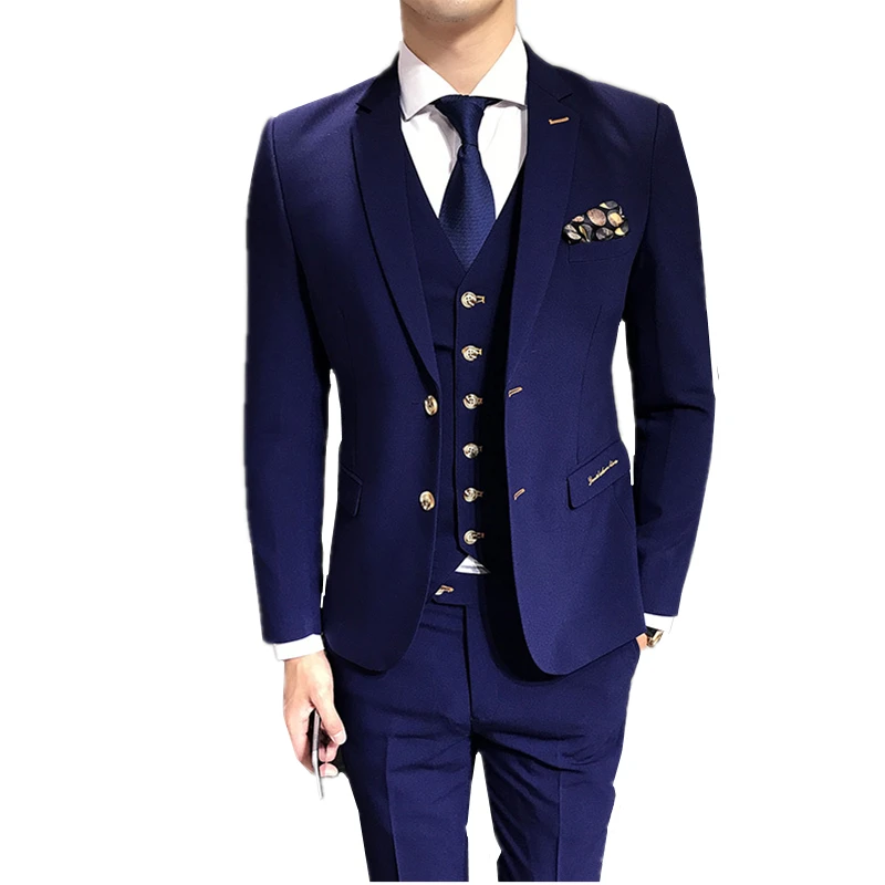 Blue Men Suit Jacket + Vest + Pant Asia size S M L XL XXL XXXL Blazer