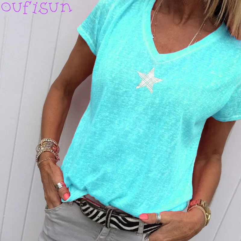 

Oufisun 2019 New Star Print T-shirt Casual V-neck Short Sleeve Oversize Ladies Thin T-shirts Women's Sexy Tops Tee Plus Size 5XL