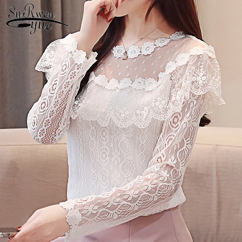 Women tops and blouses sexy hollow Lace blouse shirt fashion women blouses 2019 long sleeve ruffles lace women shirts 2624 50